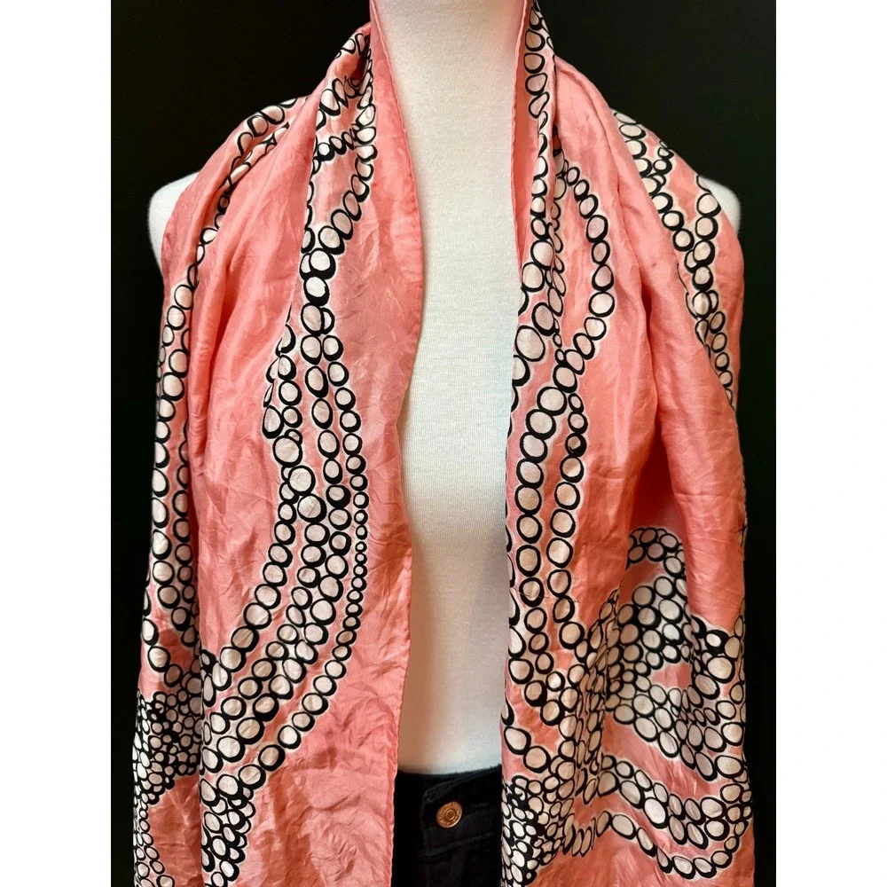 Vintage Kenneth Jay Lane Long Silk Scarf Pearl Necklace Design, Hand Rolled Edge